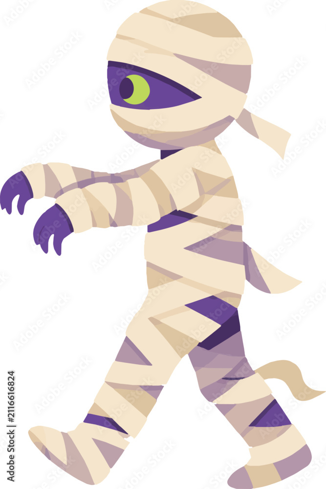 Obraz premium mummy shuffling slowly side profile facing left full body, ancient egyptian wrapped figure, spooky decorative vector illustration