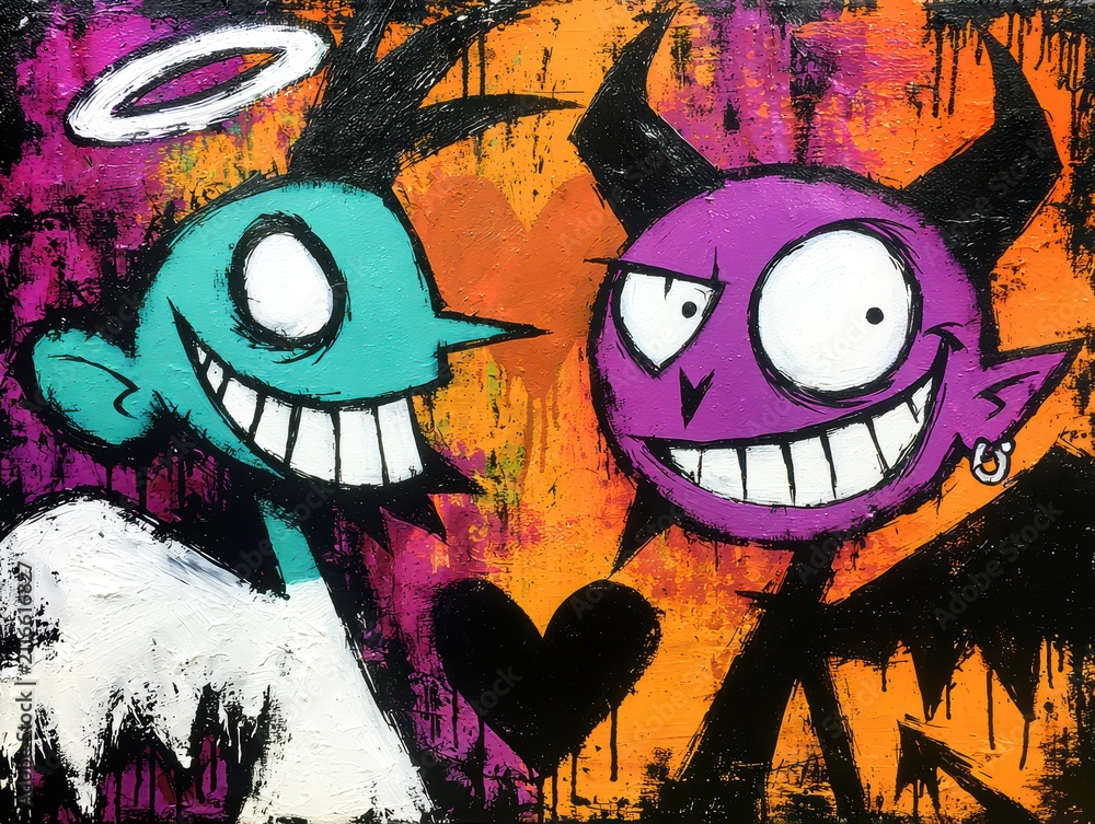 Obraz premium Angel and devil cartoon characters smiling, colorful street art style, urban abstract texture
