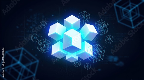 Abstract glowing cubes and wireframe structures in digital space