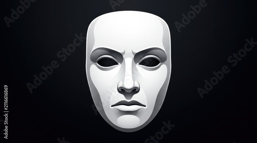 A stark white theatrical mask with an intense expression against a dark background