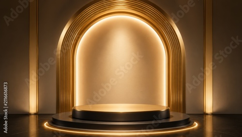 Luxury golden arch product stage with dark base and warm lighting