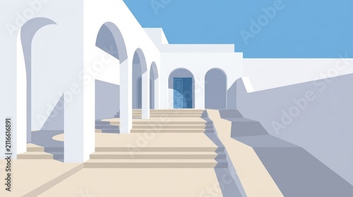 Classic white Mediterranean architecture with blue door and sunny sky