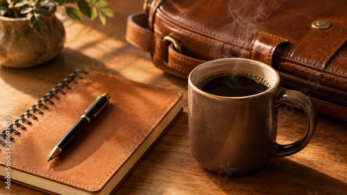 Warm coffee and notebook on a wooden desk with leather bag and plant