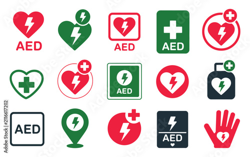 AED defibrillator symbols featuring emergency rescue, first aid, medical response, and healthcare signs in multiple vector styles