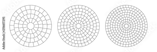 Paved circle pattern tile pattern. Circular brick mosaic template. Round radial stone pavement. Paving tile simple floor texture. Black line. Vector illustration isolated on white background.