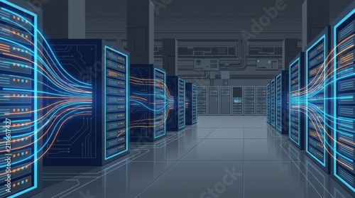 Modern server room with glowing data streams connecting racks