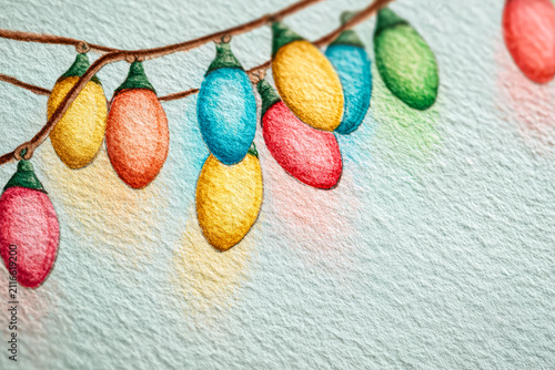 Colorful Christmas Lights Watercolor Illustration on Textured Paper