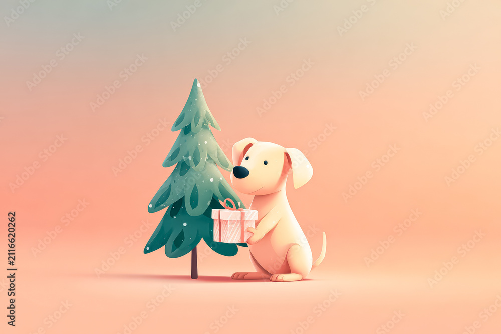 Naklejka premium Cute Cartoon Dog Holding Gift Beside Christmas Tree