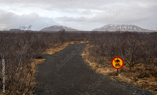 фотографія Gravel path winding through scrubland and dry vegetation in tingvellir national park, iceland, with distant snow capped mountains and cloudy sky