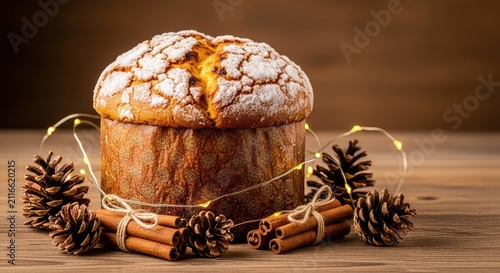 Golden panettone cake sits on a wooden table, dusted with sugar and surrounded by pine cones, cinnamon sticks, and glowing holiday lights, warm, table, yeast