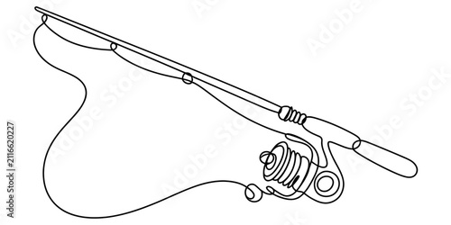 Картината върху платно Continuous single line drawing of a fishing rod with reel for recreational sport