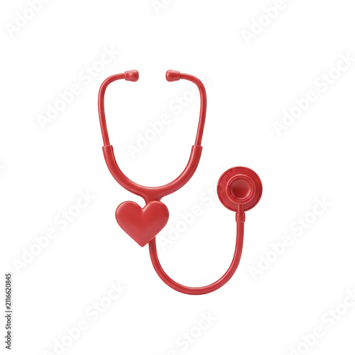 Red medical stethoscope icon with a heart shape for health care isolated on transparent background