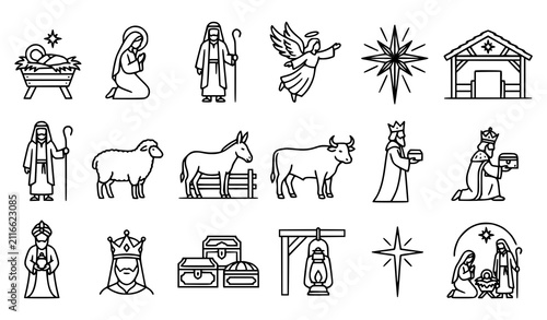 Bild auf Leinwand Christian Nativity Outline Icon Collection Featuring Jesus Mary Joseph Angel and