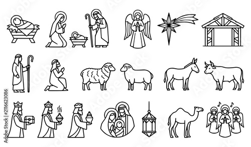 Bild auf Leinwand Black and White Nativity Scene Outline Collection with Jesus Manger Angel and Be