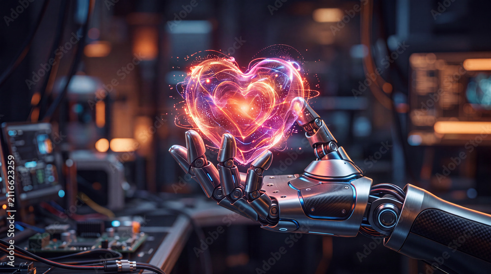 Fototapeta premium Robotic hand holding a glowing neon heart in a dark laboratory setting symbolizes advanced technology and digital romance for scientific presentations or futuristic emotional design projects.