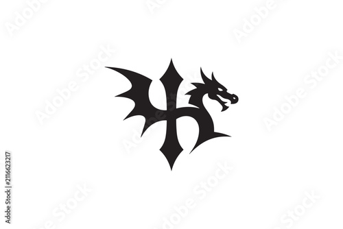 Mythical dragon trident emblem symbol fierce creature design logo