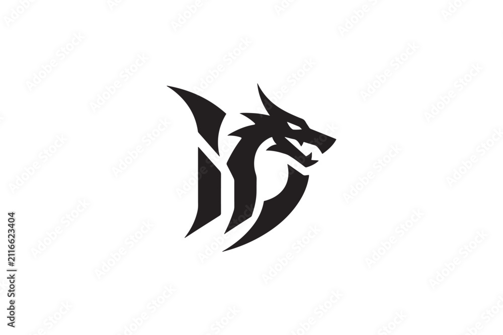 Fototapeta premium Powerful black dragon head logo design mythical creature fierce and majestic symbol
