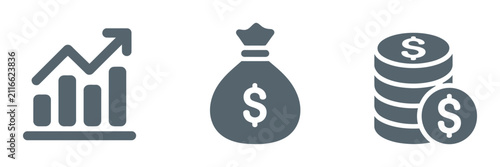Finance icon set money bag, coins, growth chart and business analytics