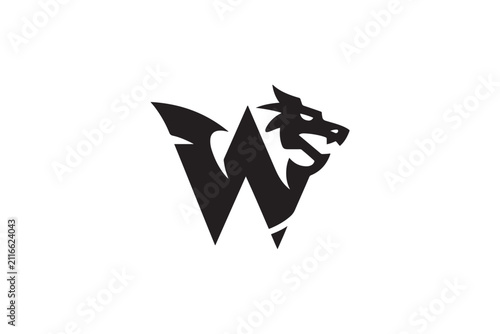Modern w lettermark logo design featuring a fierce dragon head and wings