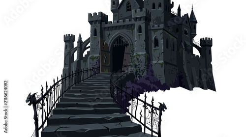 Foto Spooky Haunted Gothic Castle with Stone Stairs and Gargoyles Vector Illustration