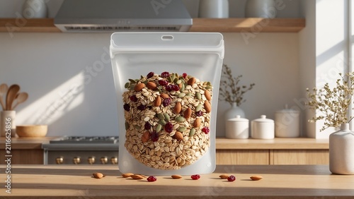 Reusable Silicone Storage Bag Filled with Healthy Granola Mix