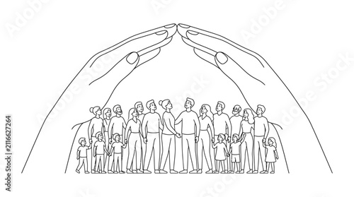 Bild auf Leinwand Huge Hands Forming a Protective Roof Over a Diverse Community of Families Concep
