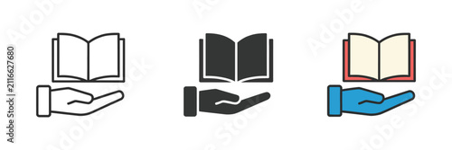 Open book icon with hand holding book, reading and education symbols