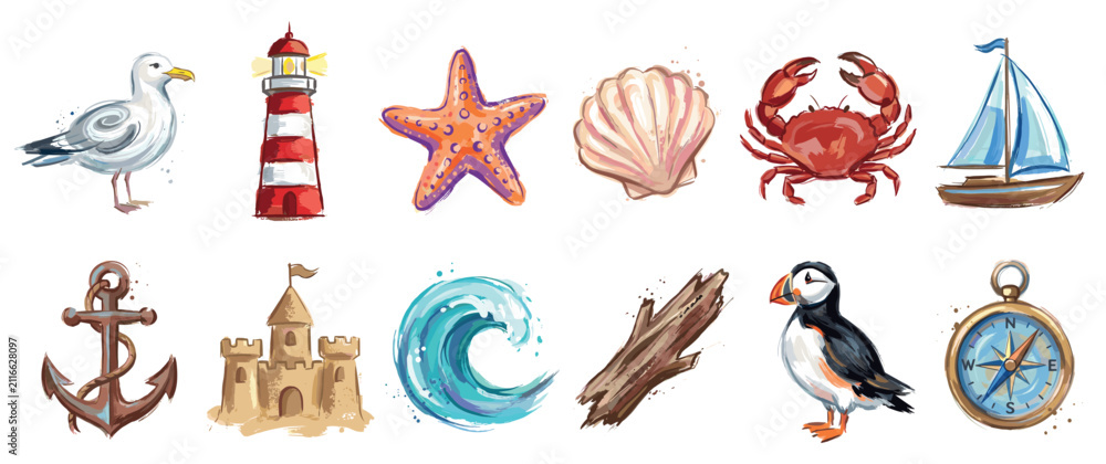 Obraz premium Ocean and beach icons set. Summer vacation and marine life concept. Includes seagull, lighthouse, starfish, seashell, crab, sailboat, anchor, sandcastle, wave, driftwood, puffin, compass