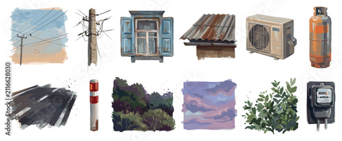 Urban elements icons set. City life and street details concept. Includes utility pole, window, corrugated roof, air conditioner, gas cylinder, road, bollard, bushes, sky, electricity meter