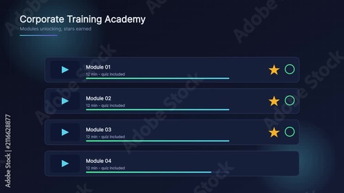 Corporate training academy interface with interactive e-learning modules and progress tracking ui animation 4k