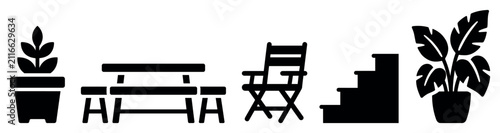 Garden and patio furniture icons set. Outdoor living and relaxation concept. Includes potted plant, picnic table, folding chair, steps, houseplant. Solid black silhouette style