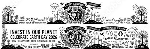 Foto Happy Earth Day 2026 Sustainability Doodle Banner with Wind Turbines, Trees and