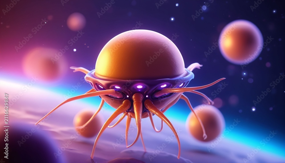 Naklejka premium Floating alien jellyfish above cosmic horizon
