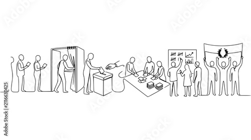 Foto Continuous line art illustration of people participating in a democratic voting