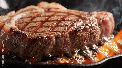 Extreme slow motion of a premium thick-cut steak searing on a hot cast iron grill, capturing vibrant orange flames and sizzling fat droplets to emphasize a highly tactile, mouthwatering aesthetic.