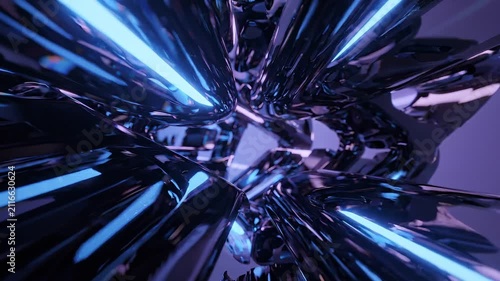Smooth drifting motion across an elegant dark glass structure, refracting soft neon blue and purple lights to create a sophisticated, futuristic, and deeply satisfying abstract visual texture.