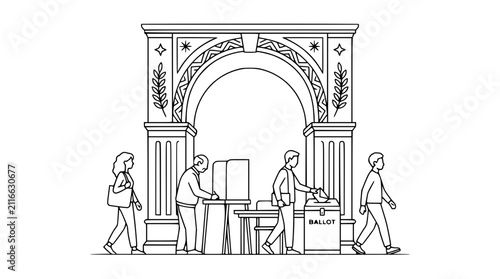 Illustration of citizens participating in the electoral voting process at a polling station