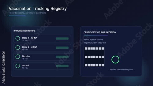 Vaccination tracking registry interface: digital immunization record and certificate generation system animation 4k