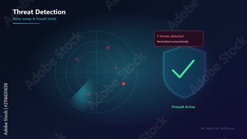 Threat detection radar sweep and firewall shield animation for cybersecurity and network protection 4k