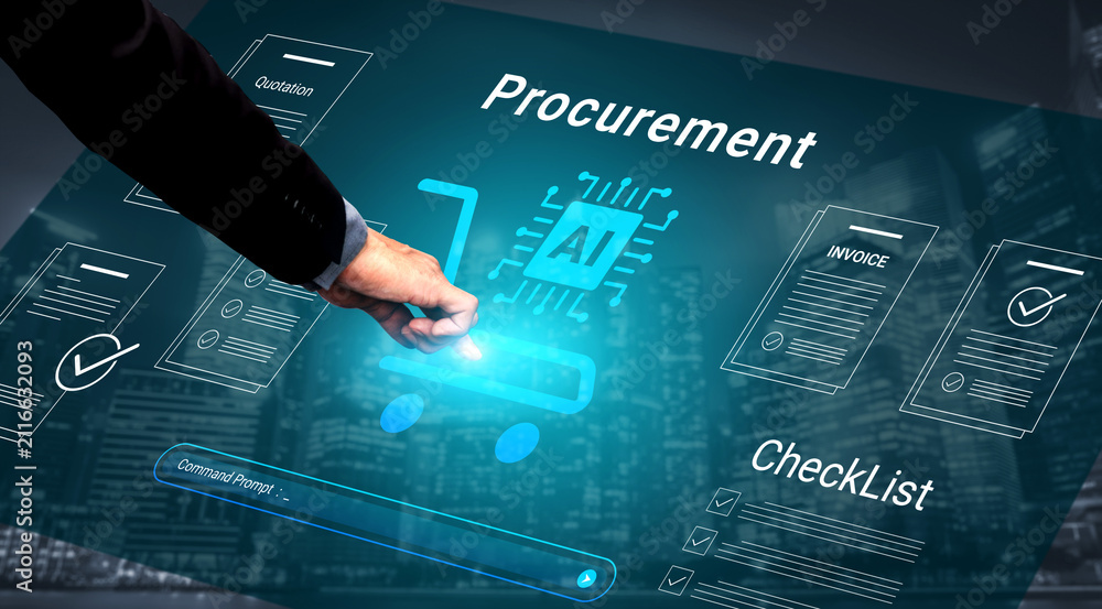 Fototapeta premium A hand interacts with a digital shopping cart on a futuristic interface, representing advanced procurement processes driven by artificial intelligence and technology in business operations. Cyphers