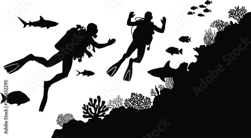 Konstfotografi Scuba divers swimming near coral reef with sharks black silhouette