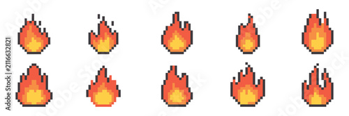 Pixel art fire icons with retro flames in red, orange and yellow