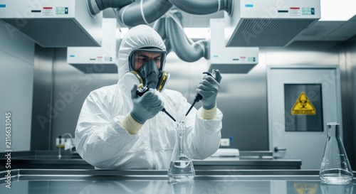 Scientist pipetting antiviral precursor chemicals in a BSL3 rated antiviral compound synthesis room equipped with HEPA filtration.