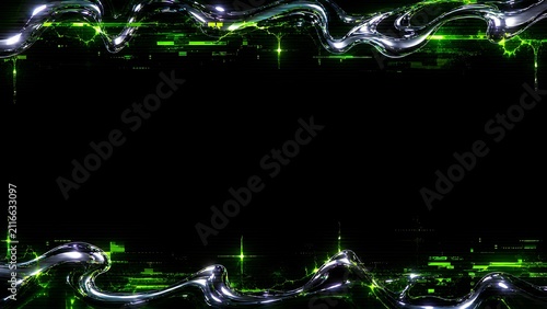 デジタルグリッチと液体金属のフレームが光る暗い背景 / Dark background with digital glitch and liquid metal frame (Generative AI)
