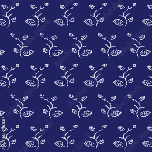 Seamless botanical pattern with hand-drawn white chalk branches and leaves on navy blue. Textured organic floral background for digital scrapbooking, rustic textile and wrapping paper.