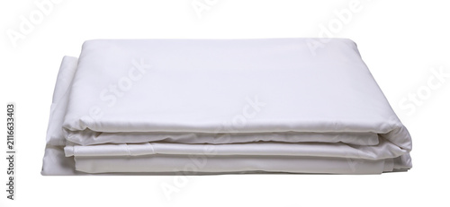 Stack of folded white satin bed linen isolated on transparent background