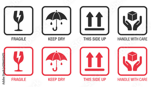Packaging handling symbols with fragile, keep dry, this side up, and care instructions in clean vector icon design