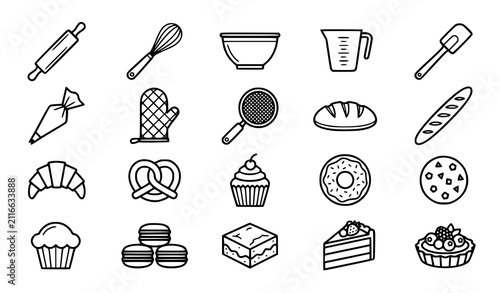 Foto Baking Tools Bread and Sweet Treats Line Icon Collection CAD Flat Vector Set
