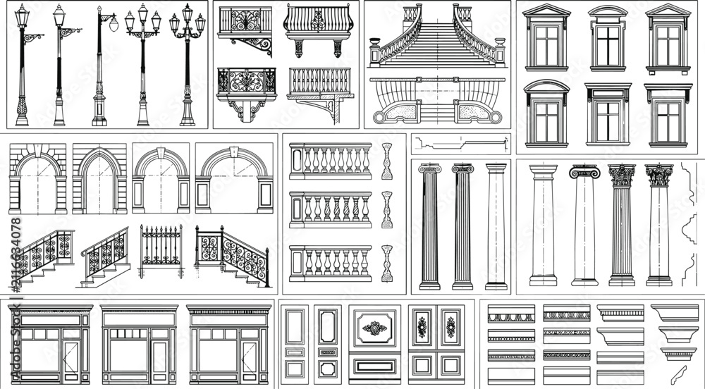Obraz premium Classic Architectural Elements Collection with Windows Columns Railings Doors and Decorative Vector Details