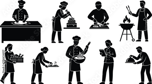 Chef Silhouette Collection with Cooking Baking Food Preparation and Catering Vector Set